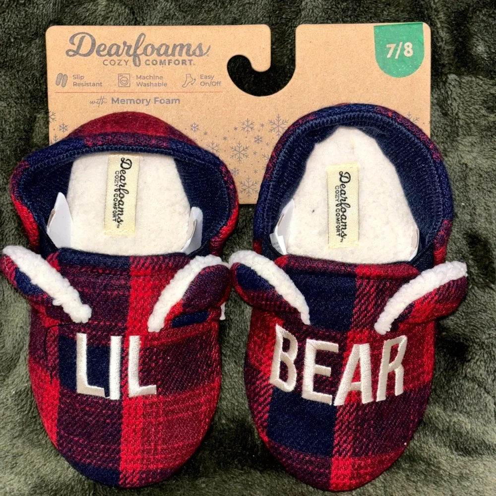 Dearfoams Lil Bear Slippers Kids 7-8 Red Blue Plaid Cozy Comfort‎ Memory Foam